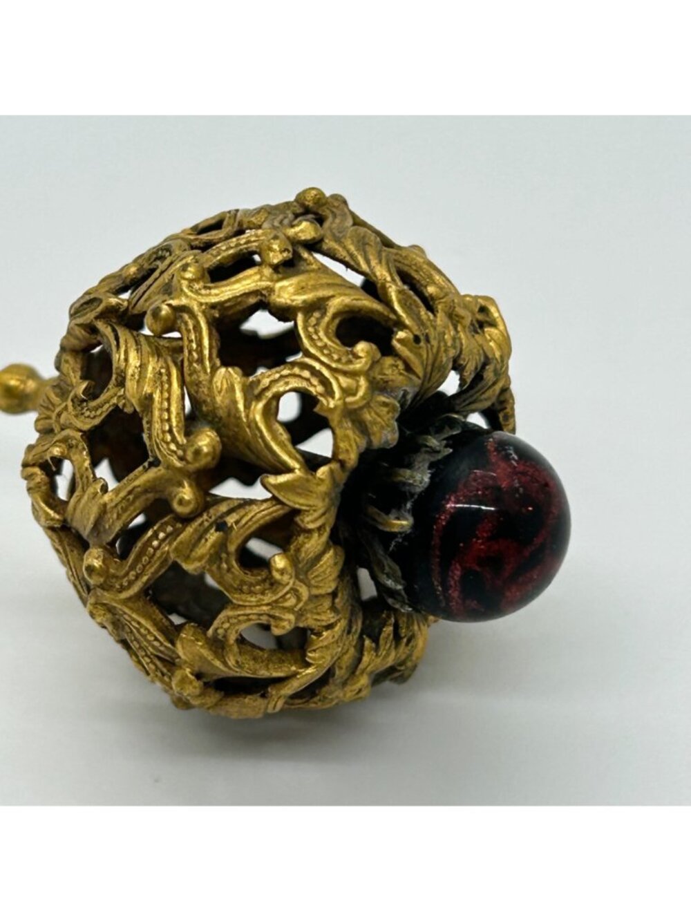 Antique Edwardian Hat Pin Gilded Brass Filigree Red Cabochon 1900s 9" READ - Picture 7 of 16